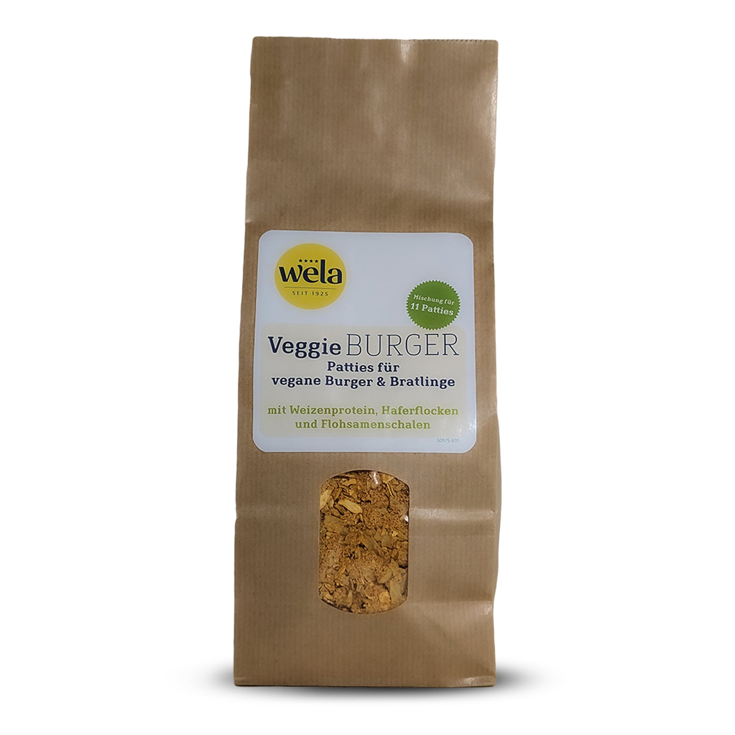Wela Veggie Burger – brauner Beutel mit Sichtfenster und weißem Etikett mit grüner und blauer Aufschrift.