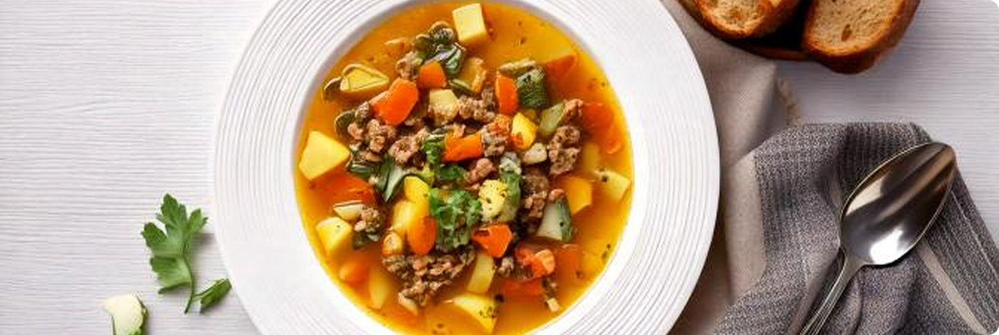 Reichhaltige Gemüsesuppe mit Hackfleisch, Kartoffeln und Karotten, serviert im weißen Teller – Suppen & Brühen Classic.