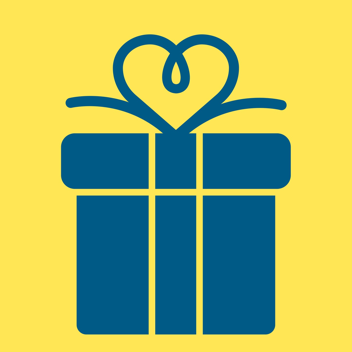 Grafik eines dunkelblauen Geschenks mit herzförmiger Schleife auf gelbem Hintergrund – stilisiertes Symbol für Geschenkideen zu Geburtstag, Jubiläum oder Feiertagen.