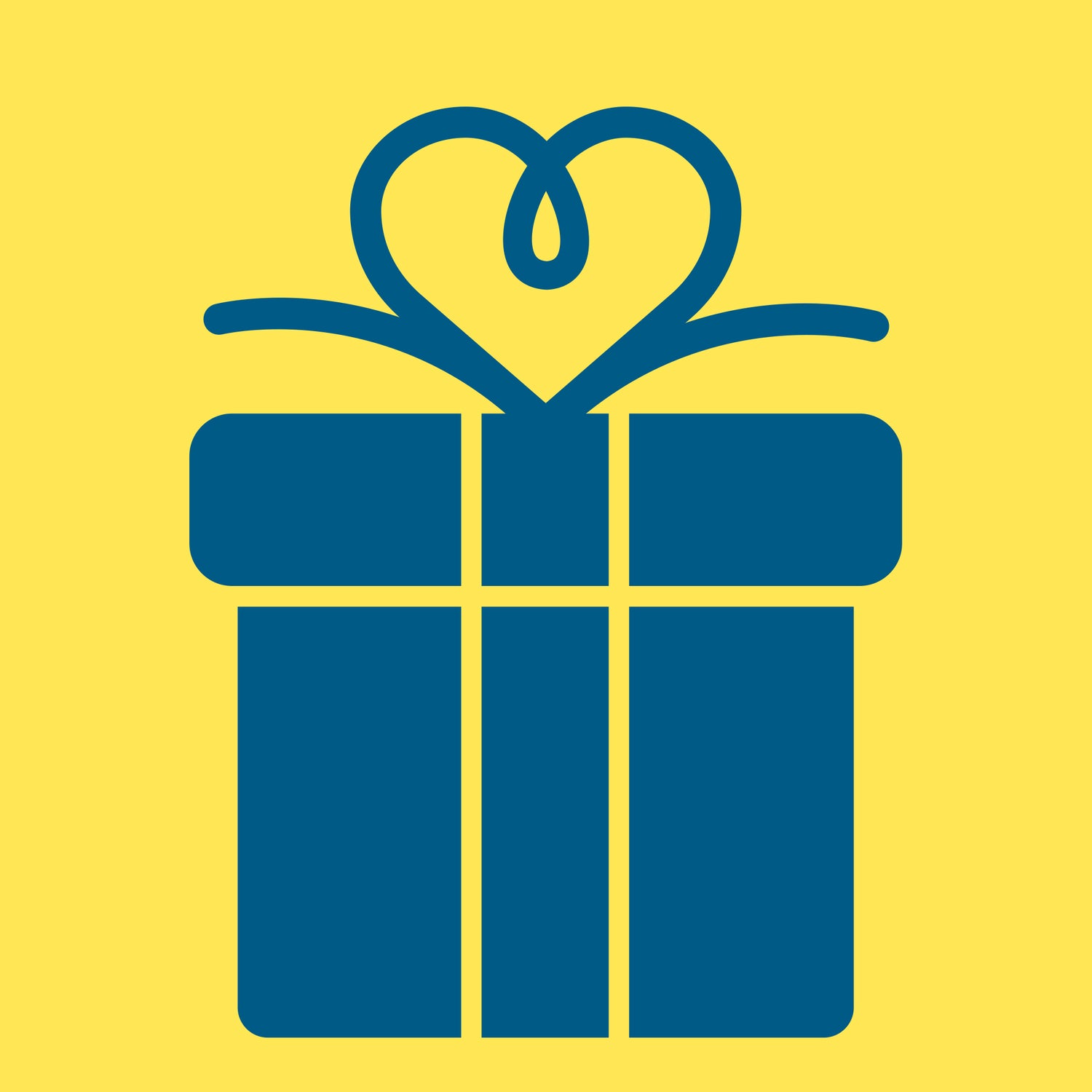 Grafik eines dunkelblauen Geschenks mit herzförmiger Schleife auf gelbem Hintergrund – stilisiertes Symbol für Geschenkideen zu Geburtstag, Jubiläum oder Feiertagen.