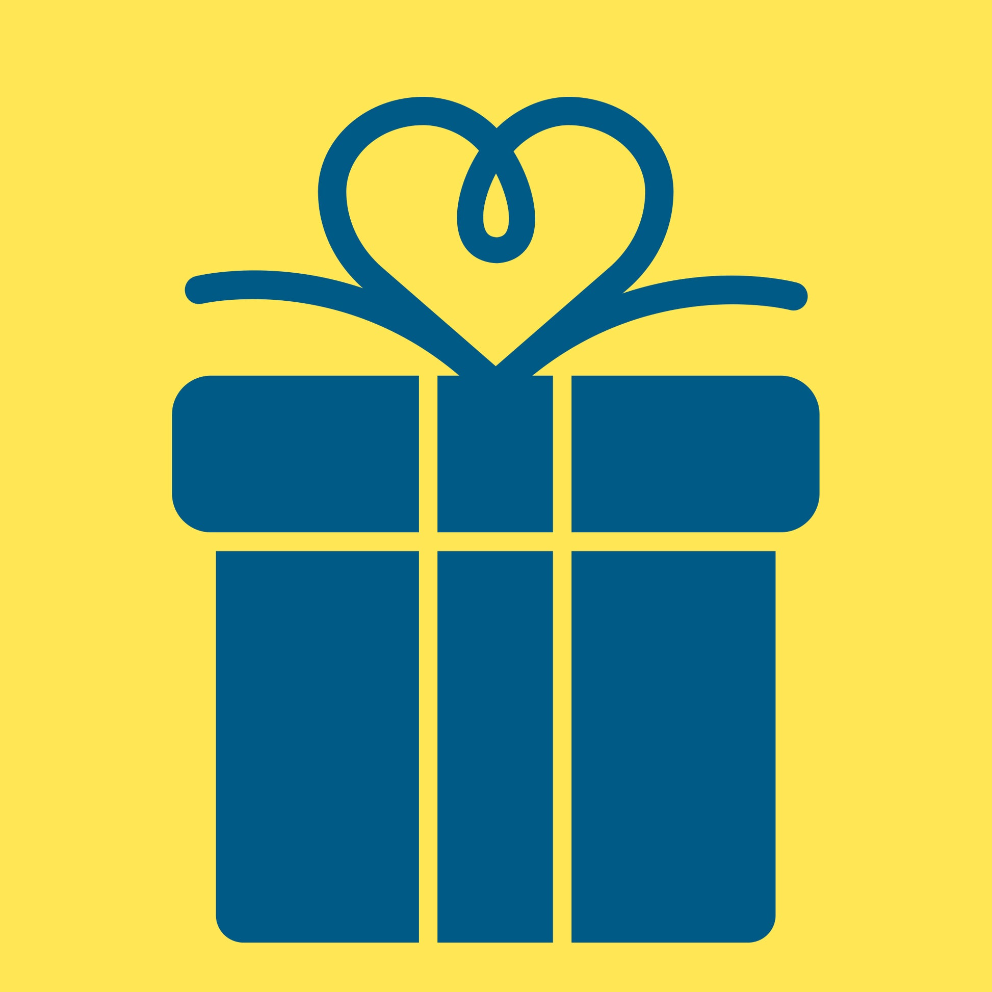 Grafik eines dunkelblauen Geschenks mit herzförmiger Schleife auf gelbem Hintergrund – stilisiertes Symbol für Geschenkideen zu Geburtstag, Jubiläum oder Feiertagen.