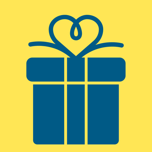 Grafik eines dunkelblauen Geschenks mit herzförmiger Schleife auf gelbem Hintergrund – stilisiertes Symbol für Geschenkideen zu Geburtstag, Jubiläum oder Feiertagen.