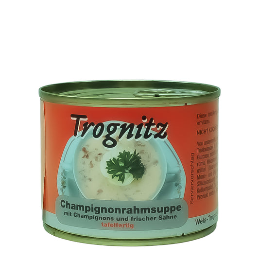 Trognitz Champignonrahmsuppe - kleine Konservendose mit rotem Etikett und Gericht als Motiv.