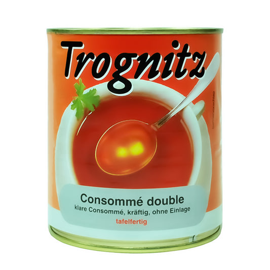 Trognitz Consomme double - Konservendose mit rotem Etikett und Motiv mit Consomme 
