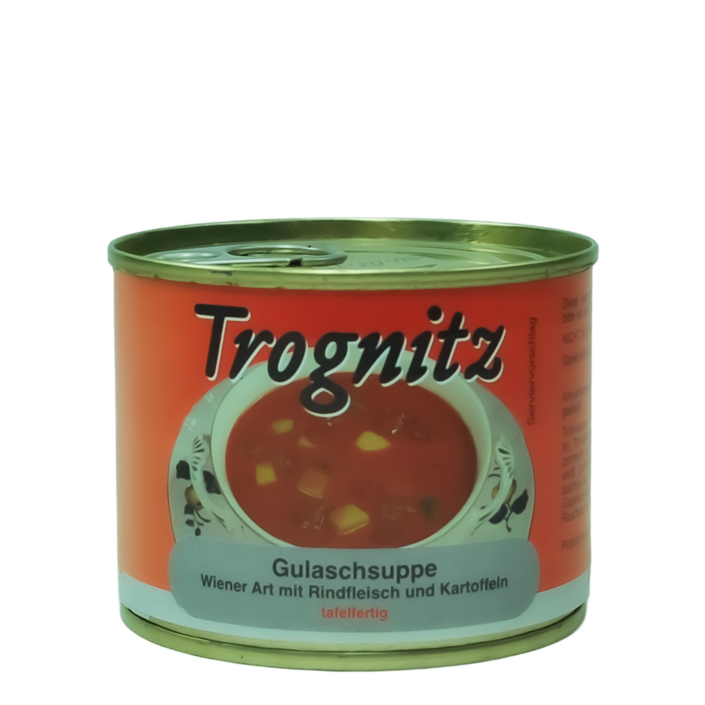 Trognitz Gulaschsuppe Wiener Art - 1 kleine Konservendose mit rotem Etikett und Suppe als Motiv.
