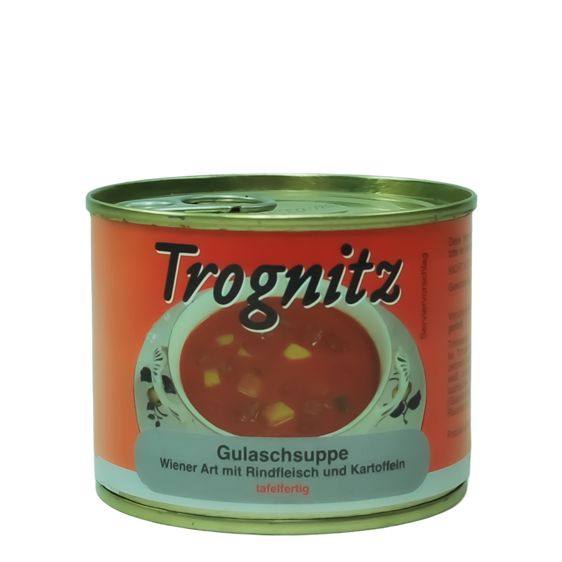 Trognitz Gulaschsuppe Wiener Art - 1 kleine Konservendose mit rotem Etikett und Suppe als Motiv.
