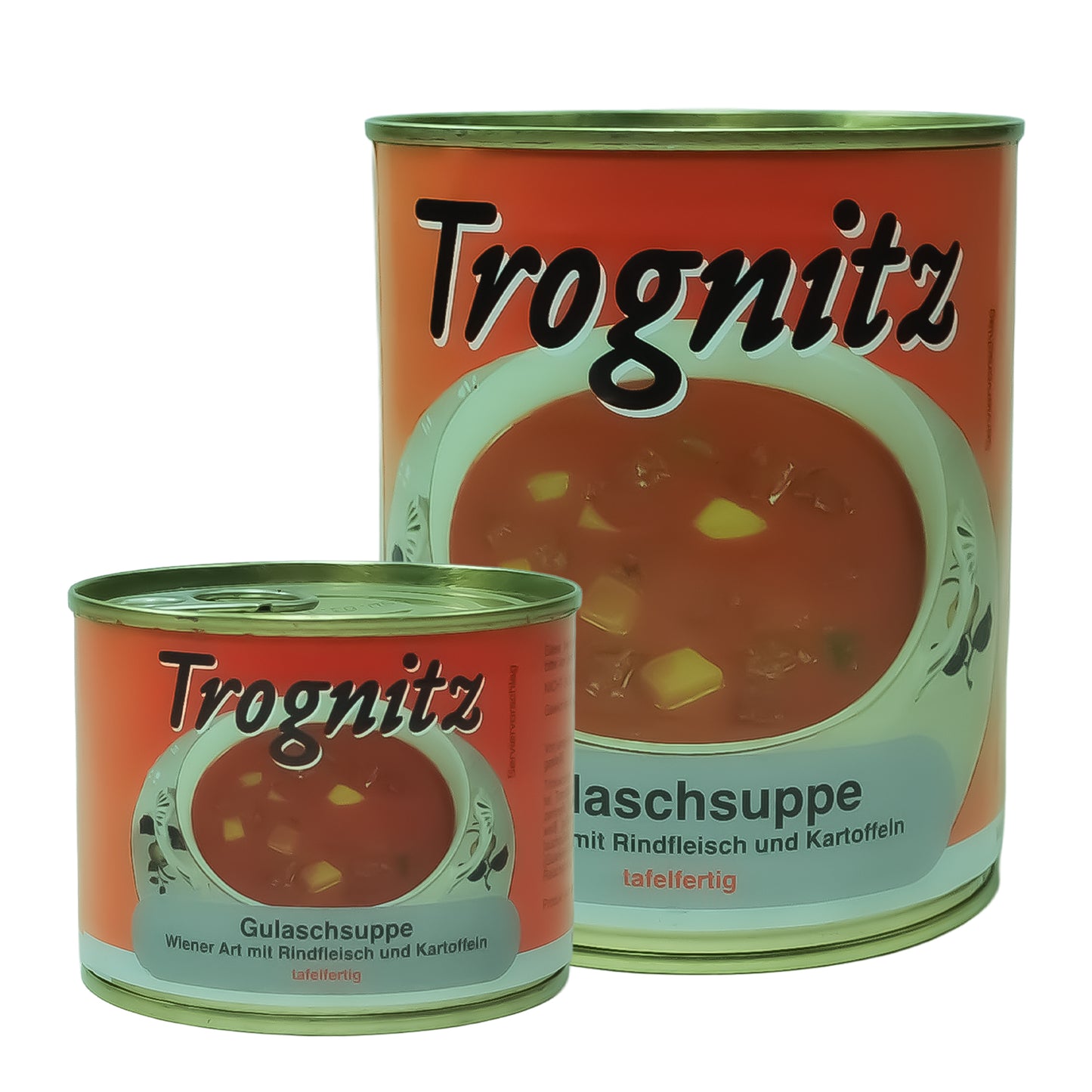 Trognitz Gulaschsuppe Wiener Art - 1 kleine Konservendose mit rotem Etikett und Suppe als Motiv.
