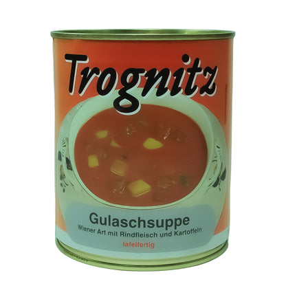 Trognitz Gulaschsuppe Wiener Art - 1 große Konservendose mit rotem Etikett und Suppe als Motiv.
