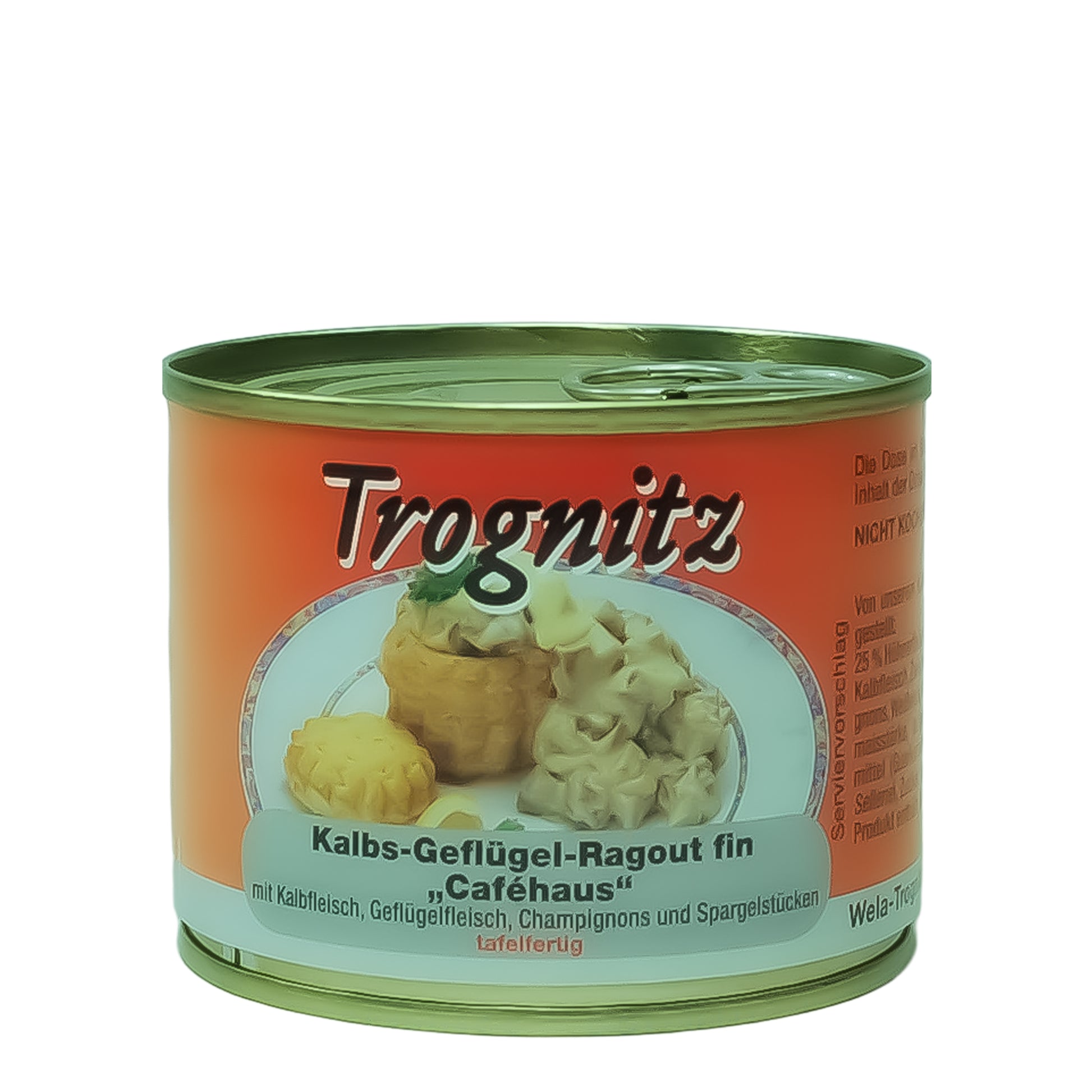 Trognitz Kalbs-Geflügel-Ragout-fin - kleine Konservendose mit rotem Etikett
