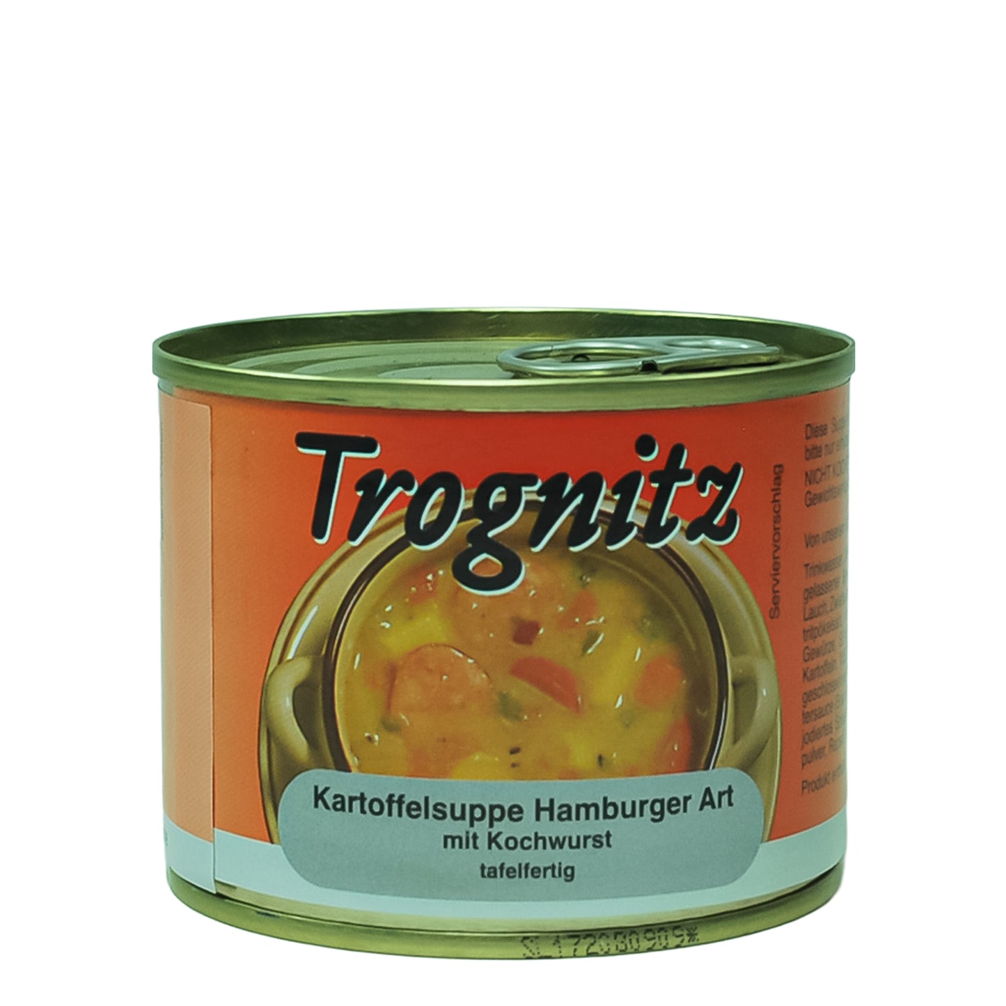 Trognitz Kartoffelsuppe Hamburger Art - kleine Konservendose mit rotem Etikett und Suppe als Motiv
