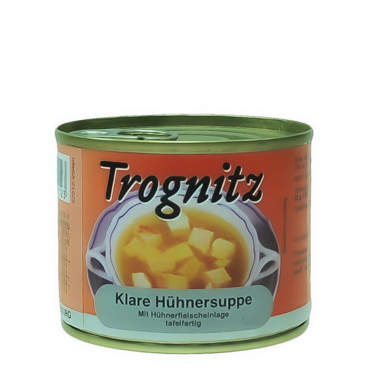 Trognitz Klare Hühnersuppe mit Einlage - 1 kleine Konservendose mit rotem Etikett und Suppe als Motiv
