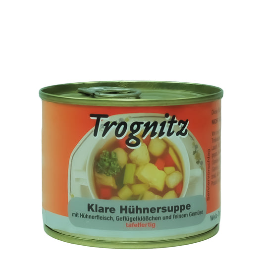 Trognitz Klare Hühnersuppe mit Einlage -kleine Konservendose mit rotem Etikett und Suppe als Motiv
