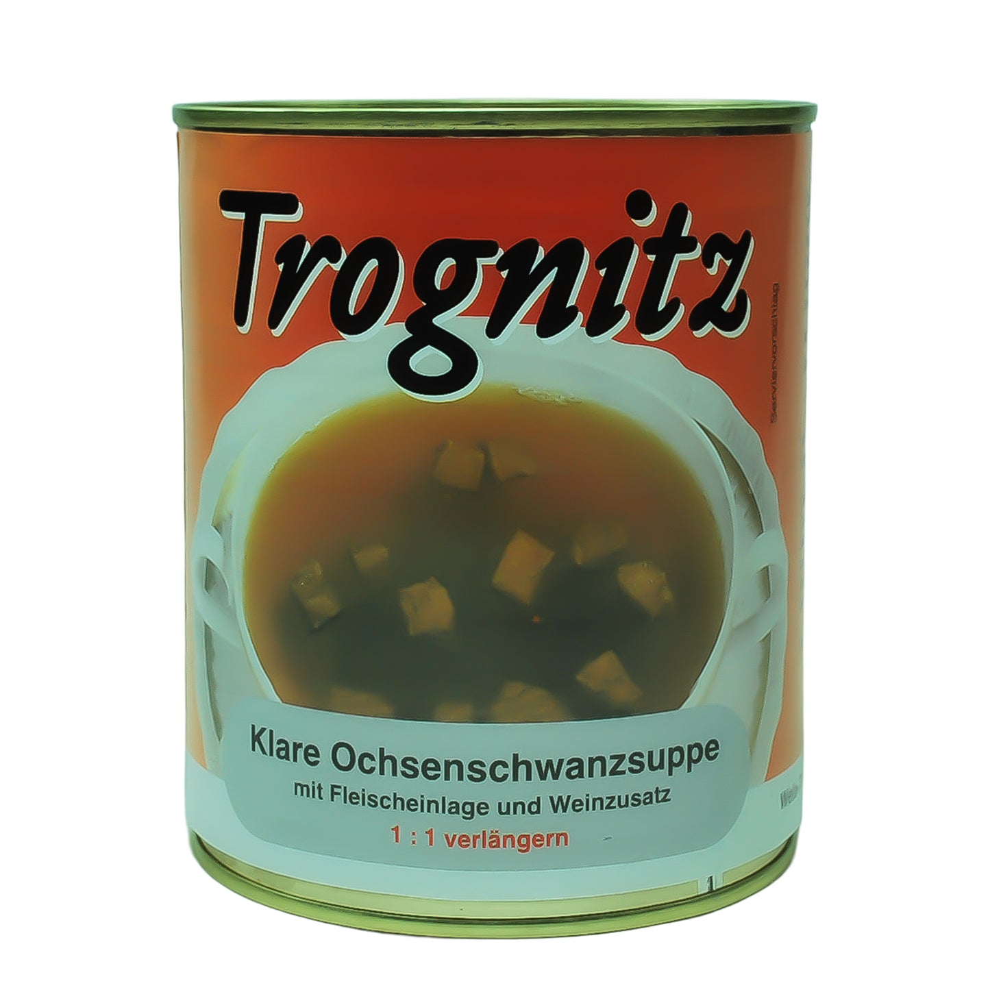 Trognitz Klare Ochsenschwanzsuppe 1 zu 1 zu verlängern - große Konservendose mit rotem Etikett und Suppe als Motiv
