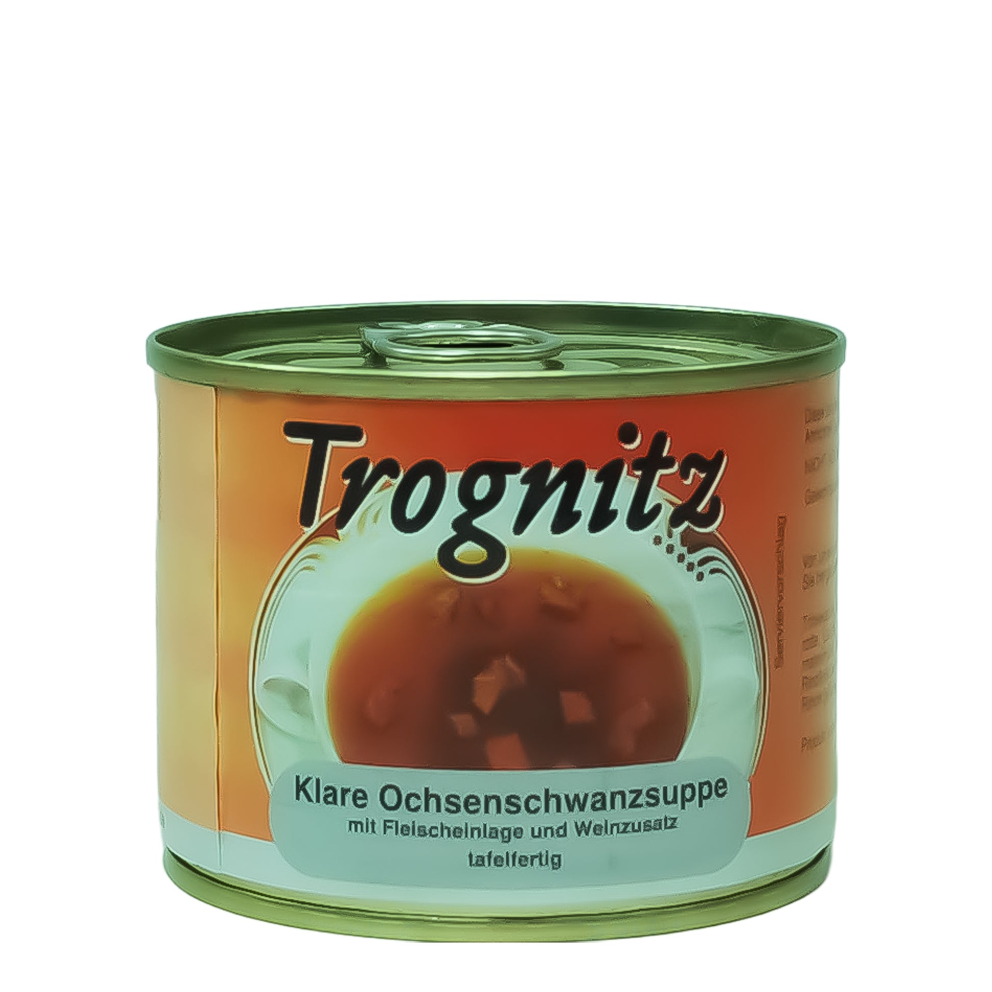 Trognitz Klare Ochsenschwanzsuppe tafelfertig - kleine Konservendose mit rotem Etikett und Suppe als Motiv
