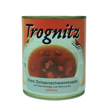 Trognitz Klare Ochsenschwanzsuppe tafelfertig - große Konservendose mit rotem Etikett und Suppe als Motiv
