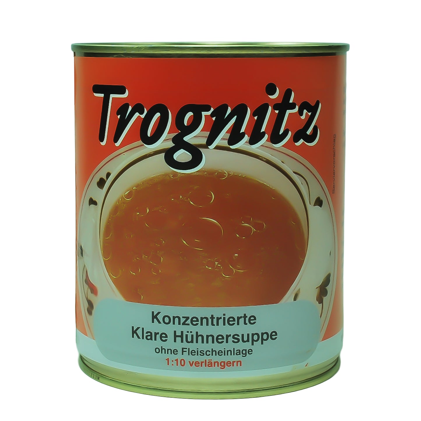 Trognitz Konzentrierte Klare Hühnersuppe 1 zu 10 zu verlängern - große Konservendose mit rotem Etikett und Suppe als Motiv
