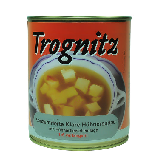 Trognitz Konzentrierte Klare Hühnersuppe 1 zu 6 zu verlängern - große Konservendose mit rotem Etikett und Suppe als Motiv