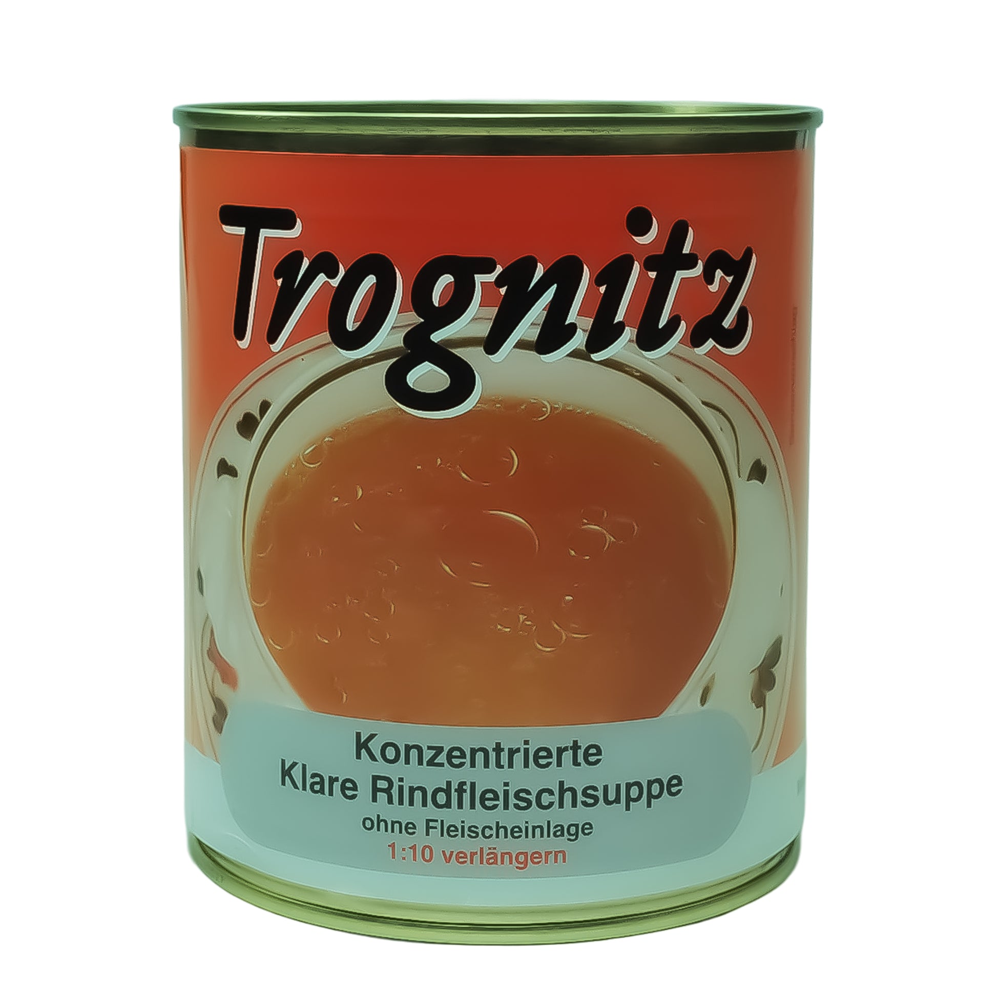 Trognitz Konzentrierte Klare Rindfleischsuppe 1 zu 10 zu verlängern - große Konservendose mit rotem Etikett und Suppe als Motiv
