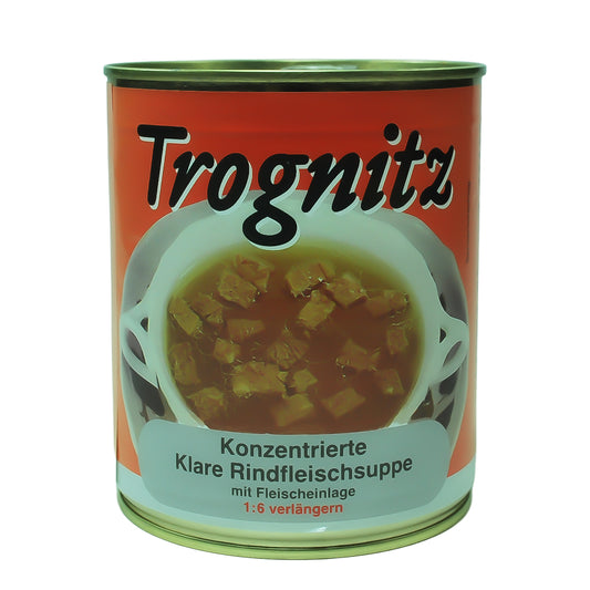 Trognitz Konzentrierte Klare Rindfleischsuppe 1 zu 6 zu verlängern - große Konservendose mit rotem Etikett und Suppe als Motiv
