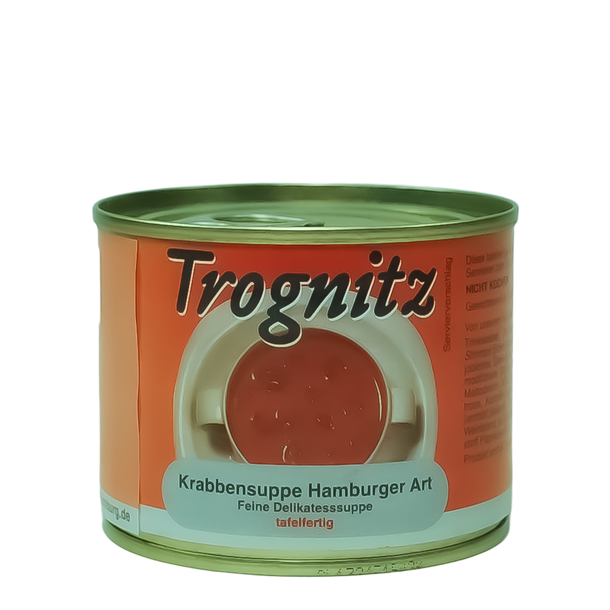 Trognitz Krabbencremesuppe Hamburger Art - kleine Konservendose mit rotem Etikett und Suppe als Motiv.