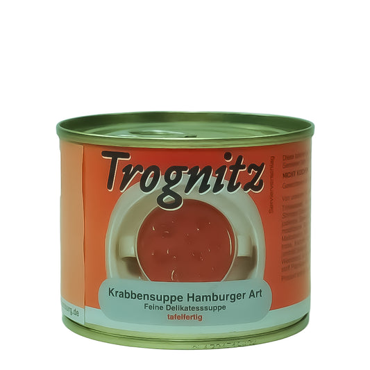 Trognitz Krabbencremesuppe Hamburger Art - kleine Konservendose mit rotem Etikett und Suppe als Motiv.