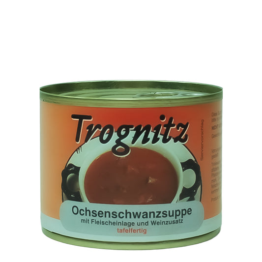 Trognitz Ochsenschwanzsuppe tafelfertig - kleine Konservendose mit rotem Etikett und Suppe als Motiv
