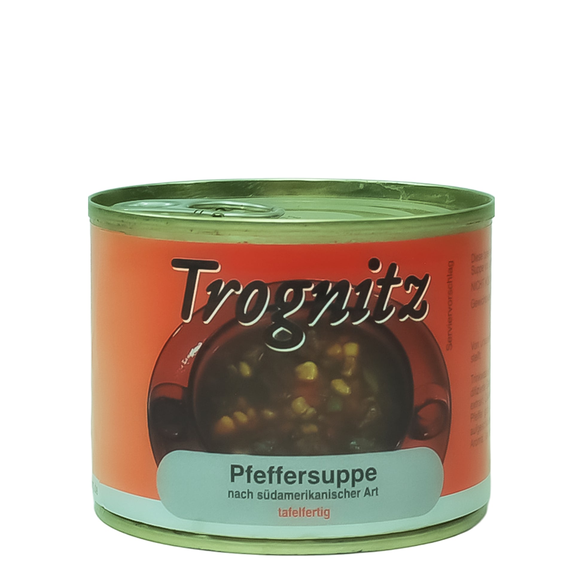 Trognitz Pfeffersuppe nach sudamerikanische Art - kleine Konservendose mit rotem Etikett und Suppe als Motiv.

