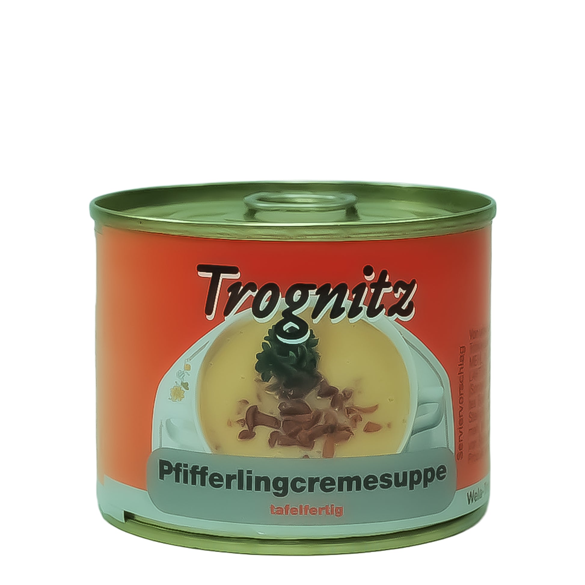 Trognitz Pfifferlingcremesuppe Hamburger Art - kleine Konservendose mit rotem Etikett und Suppe als Motiv.
