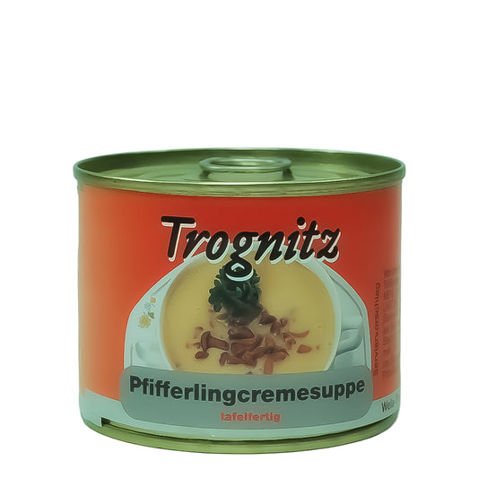 Trognitz Pfifferlingcremesuppe Hamburger Art - kleine Konservendose mit rotem Etikett und Suppe als Motiv.

