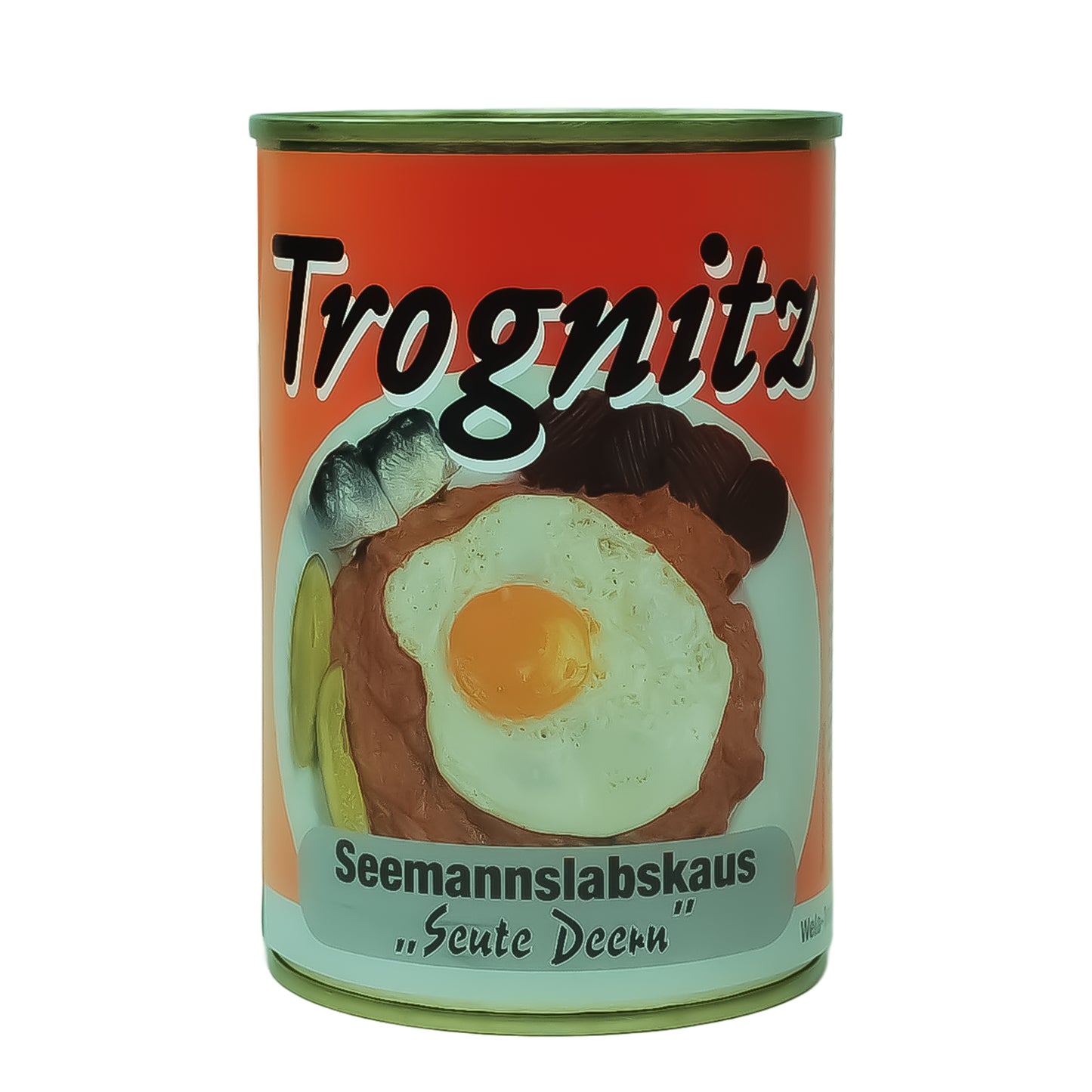 Trognitz Seemannslabskaus - 1 Konservendose mit rotem Etikett und Gericht als Motiv. 
