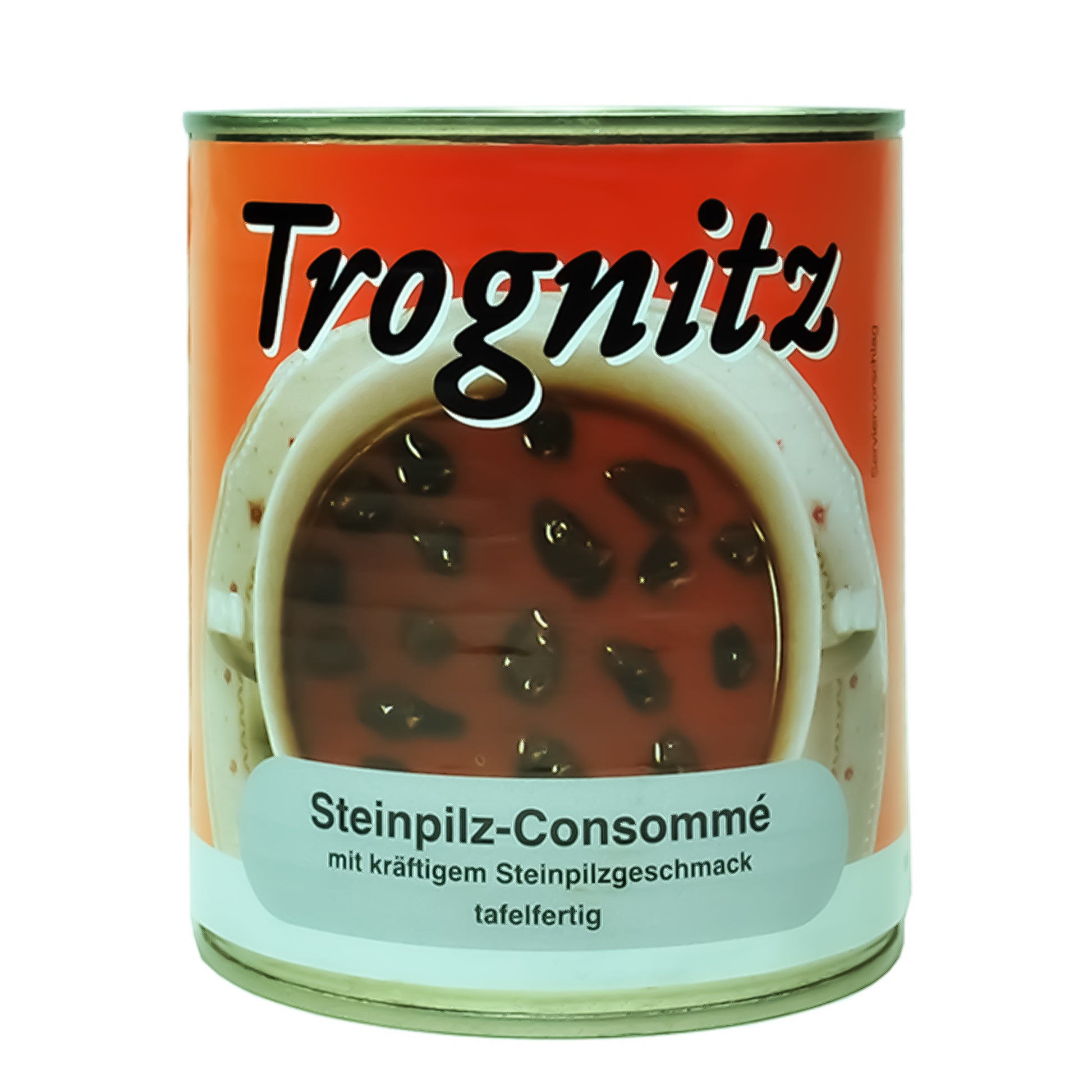 Trognitz Steinpilz Consomme - Konservendose mit rotem Etikett und Motiv mit Consomme 
