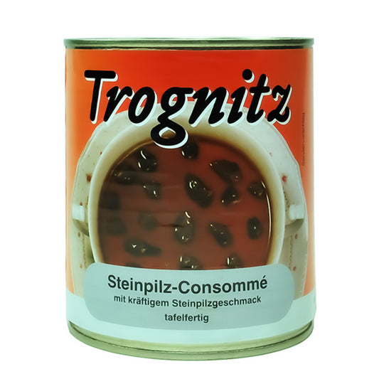 Trognitz Steinpilz Consomme - Konservendose mit rotem Etikett und Motiv mit Consomme 
