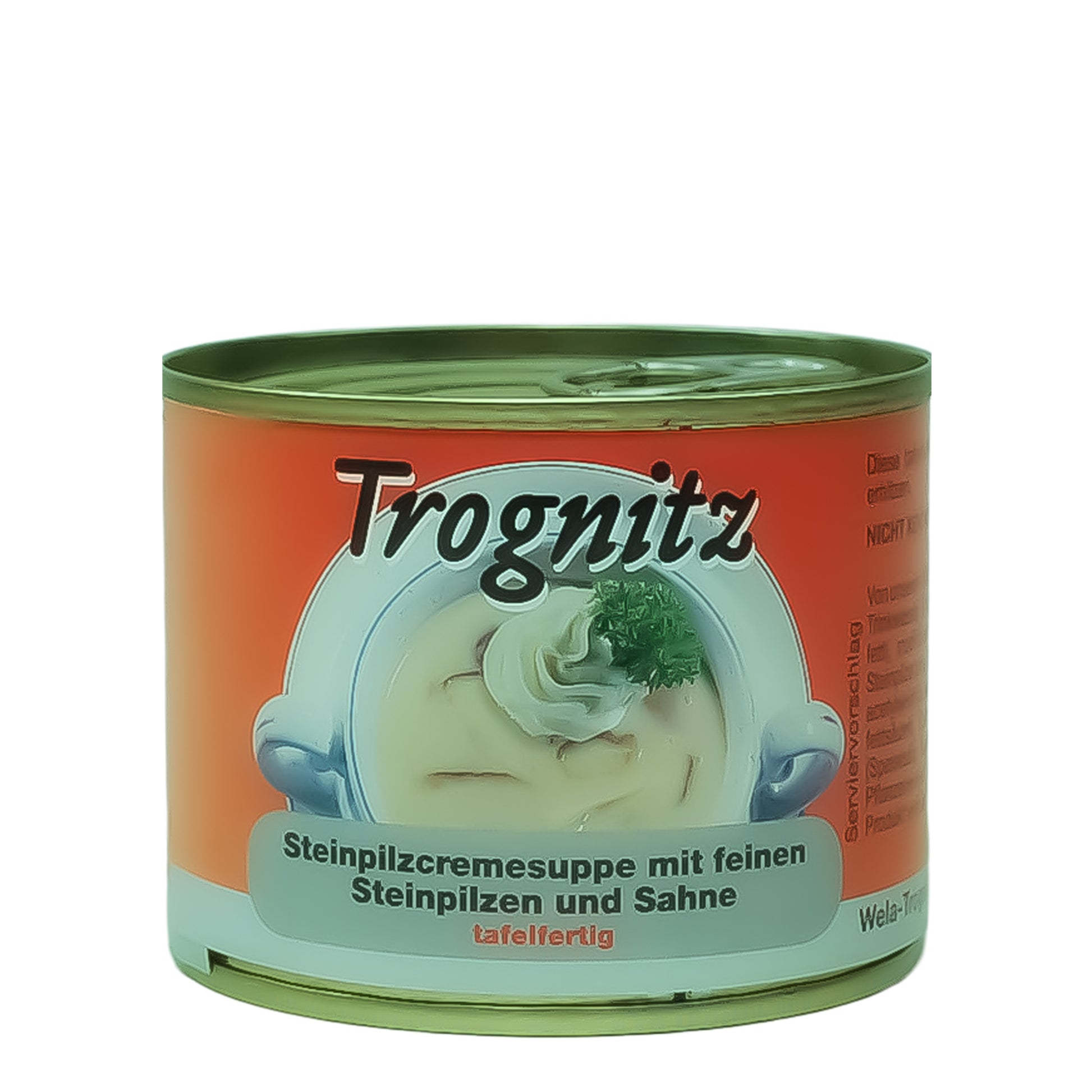 Trognitz Steinpilzcremesuppe - kleine Konservendose mit rotem Etikett und Suppe als Motiv 
