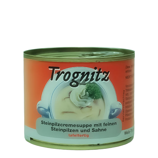 Trognitz Steinpilzcremesuppe - kleine Konservendose mit rotem Etikett und Suppe als Motiv 
