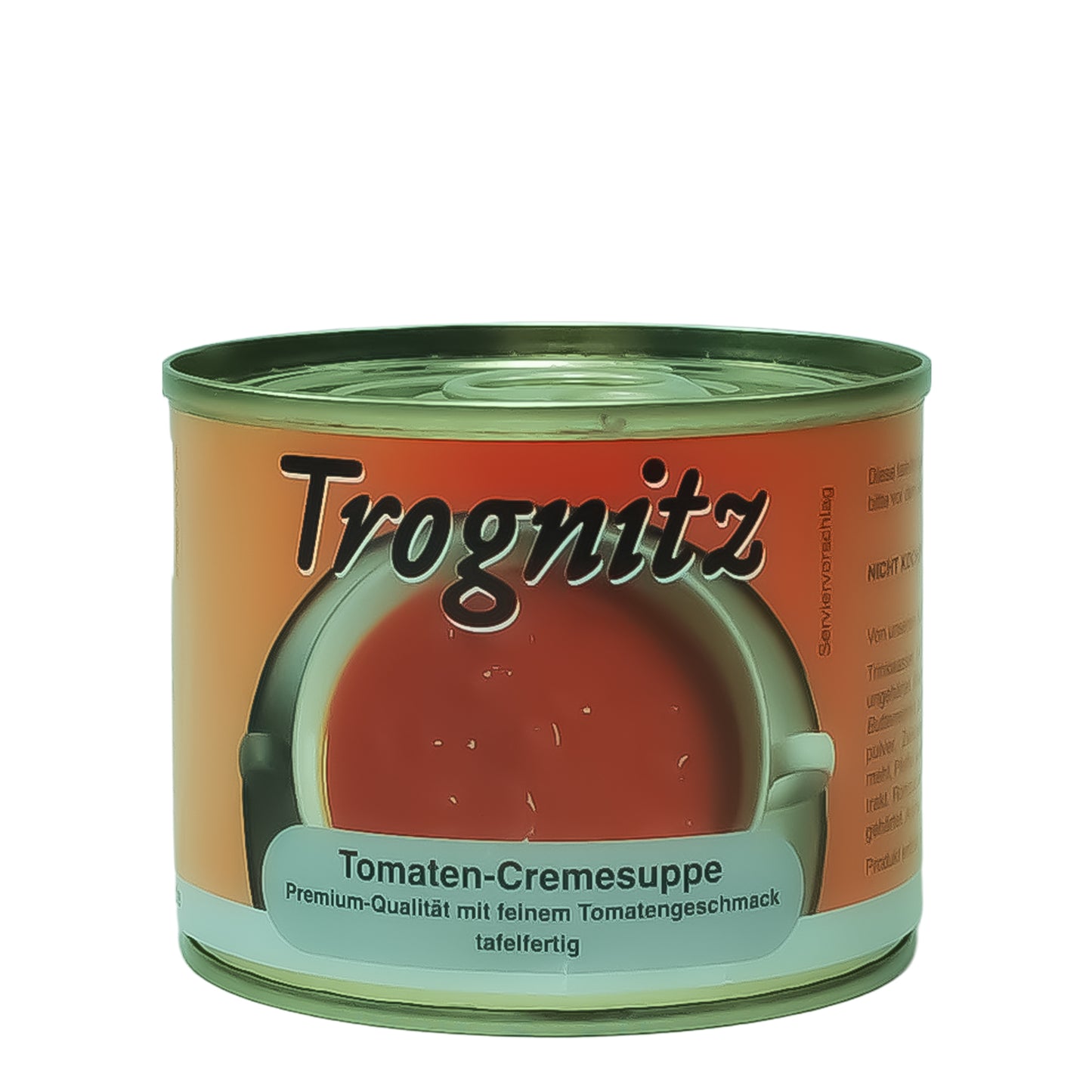 Trognitz Tomatencremesuppe - kleine Konservendose mit rotem Etikett und Suppe als Motiv.