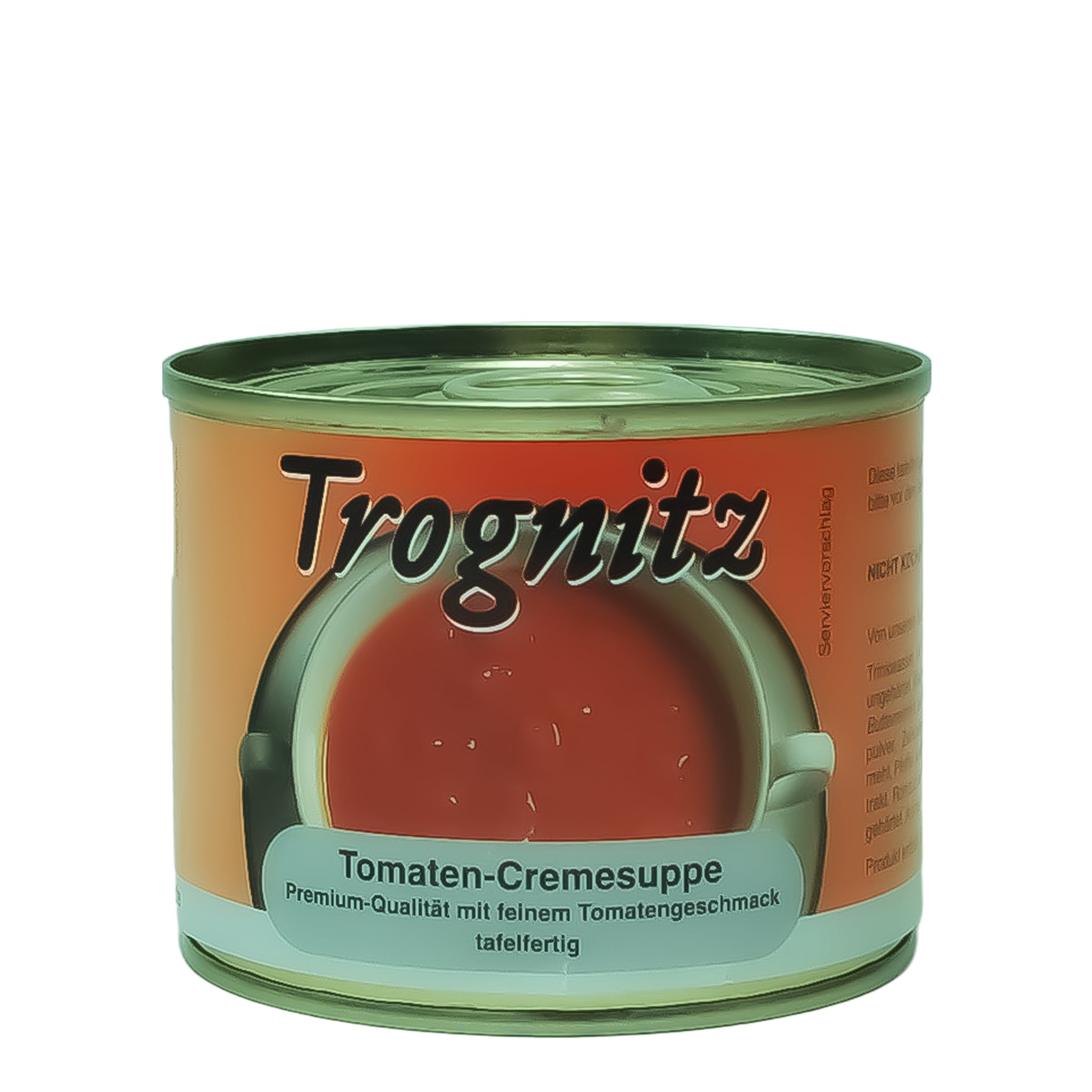 Trognitz Tomatencremesuppe - kleine Konservendose mit rotem Etikett und Suppe als Motiv.