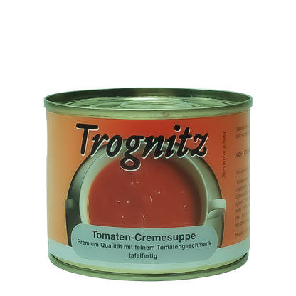 Trognitz Tomatencremesuppe - kleine Konservendose mit rotem Etikett und Suppe als Motiv.