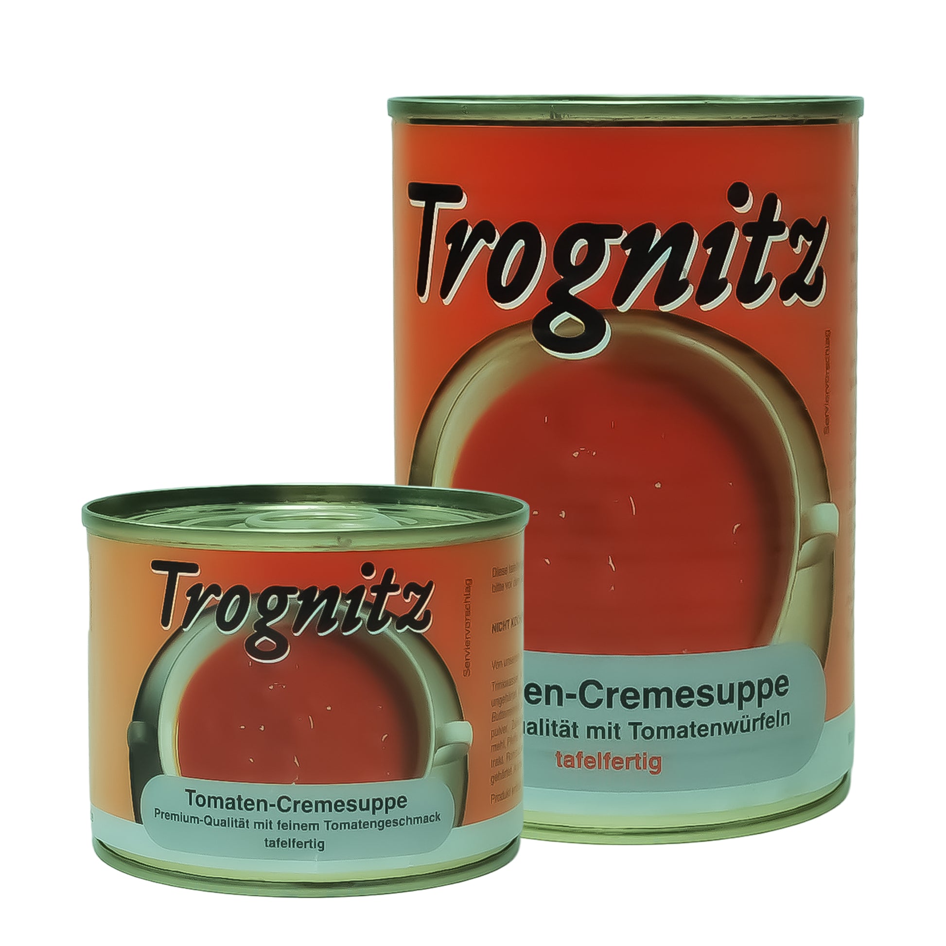 Trognitz Tomatencremesuppe - 1 kleine und 1 große Konservendose mit rotem Etikett und Suppe als Motiv.

