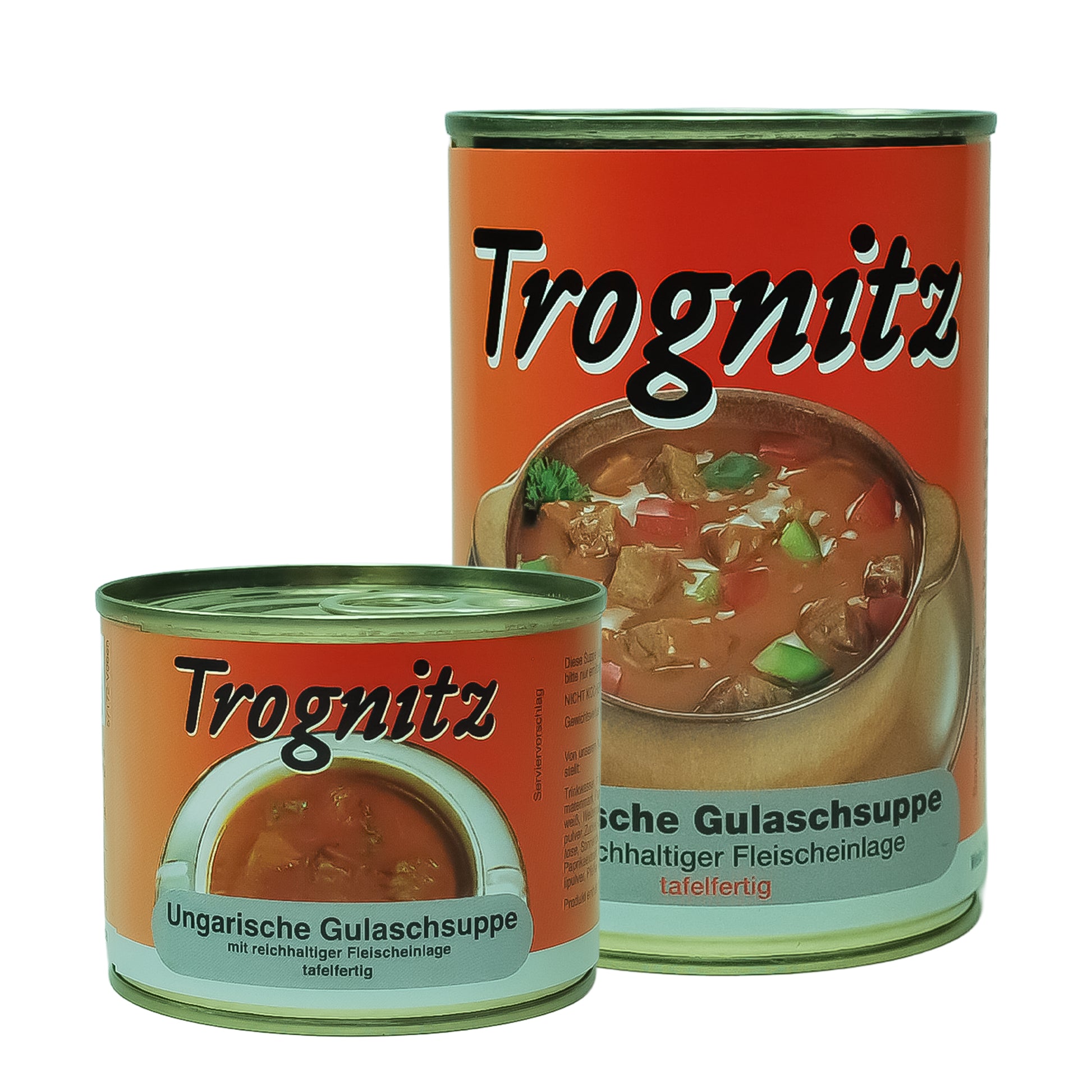 Trognitz Ungarische Gulaschsuppe - 1 kleine und 1 große Konservendose mit rotem Etikett und Suppe als Motiv.