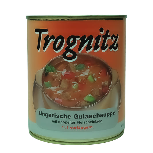 Trognitz Ungarische Gulaschsuppe mit doppelter Fleischeinlage - 1 große Konservendose mit rotem Etikett und Suppe als Motiv.
