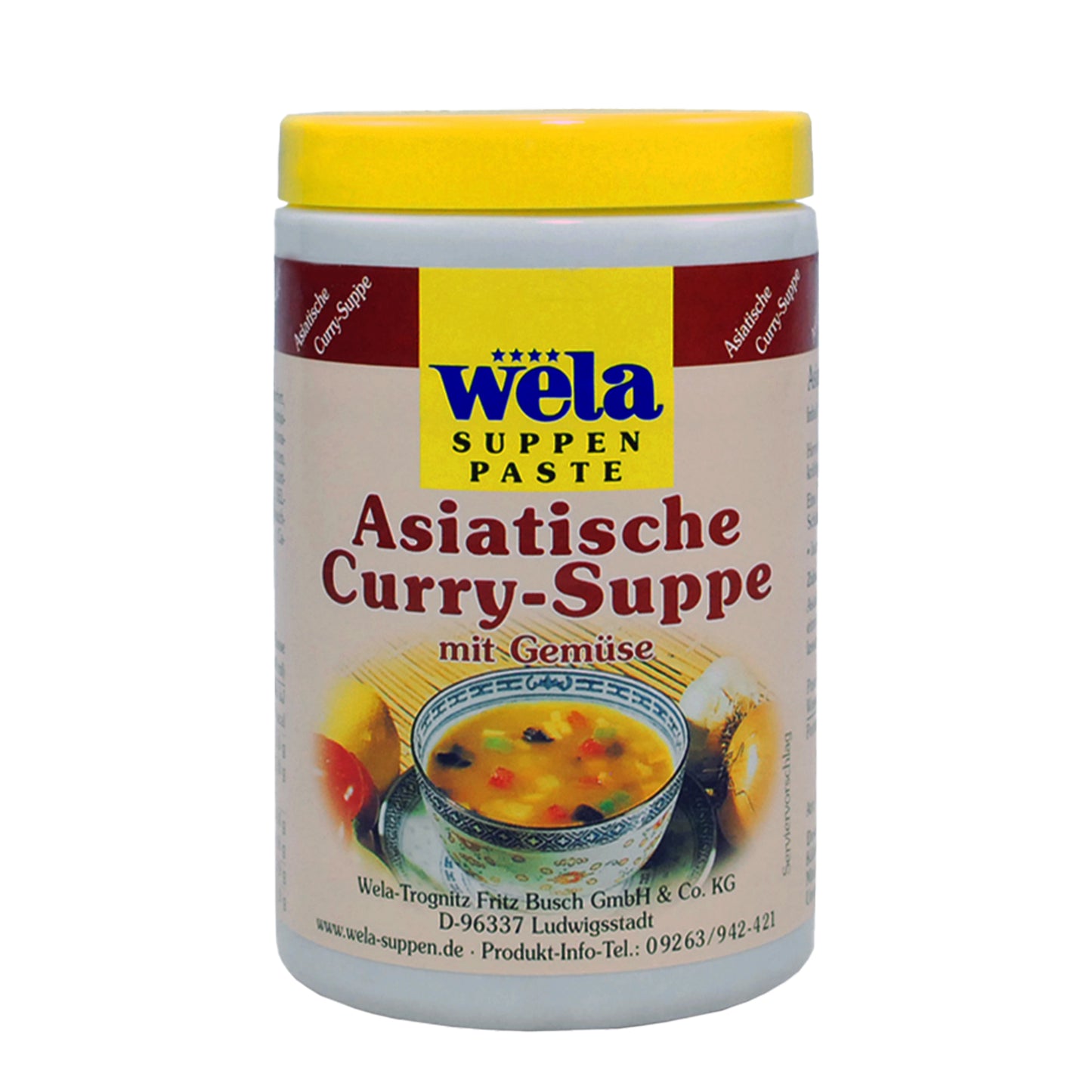Wela Asiatische Curry-Suppe Paste – weiße Kunststoffdose mit gelbem Deckel und Etikett mit Suppenmotiv.