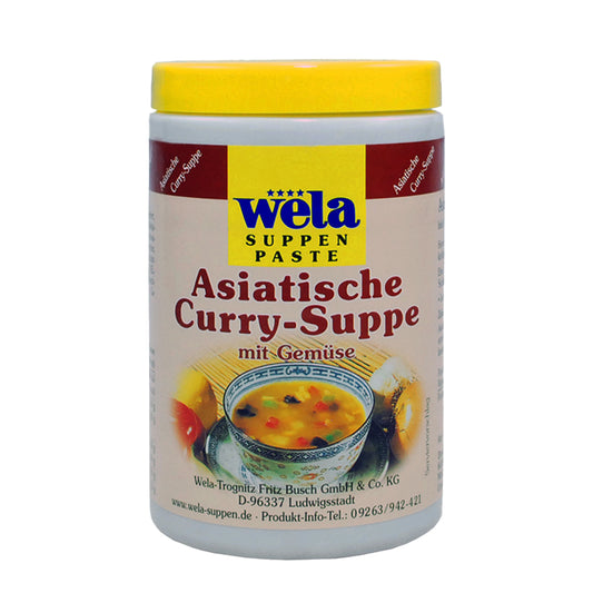Wela Asiatische Curry-Suppe Paste – weiße Kunststoffdose mit gelbem Deckel und Etikett mit Suppenmotiv.