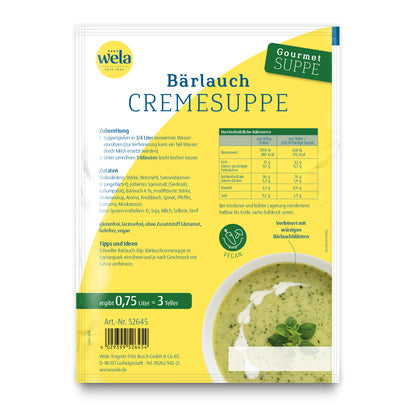 Wela Bärlauchcremesuppe Gourmet, 3 Teller – Beutel Rückseite mit Zubereitung, Zutaten und Nährwerten