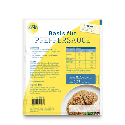 Wela Gourmet Basis für Pfeffersauce – Beutel Rückseite mit Zubereitung, Zutaten und Nährwerten