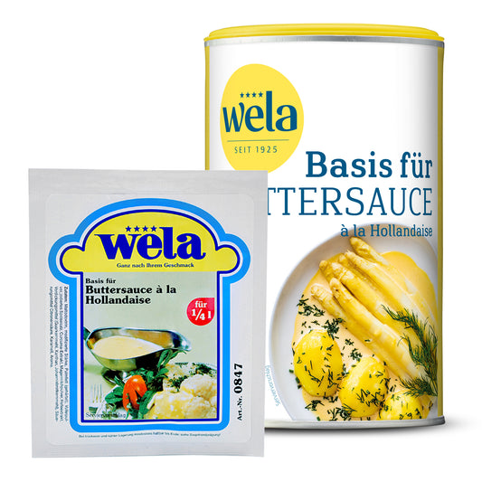 Wela Basis für Buttersauce Gourmet - ein Dose und ein Beutel mit gelb - weißen Etiketten und Gerichten als Motiv.