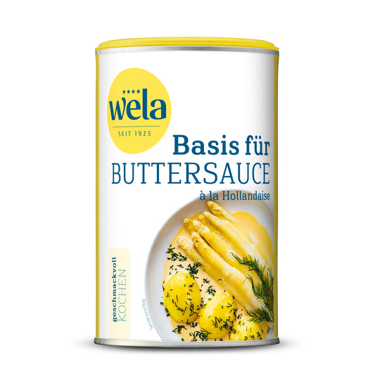 Wela Basis für Buttersauce Pulver - Dose mit gelb-weißem Vorderseitenetikett, Motiv eines Spargelgerichts. 

