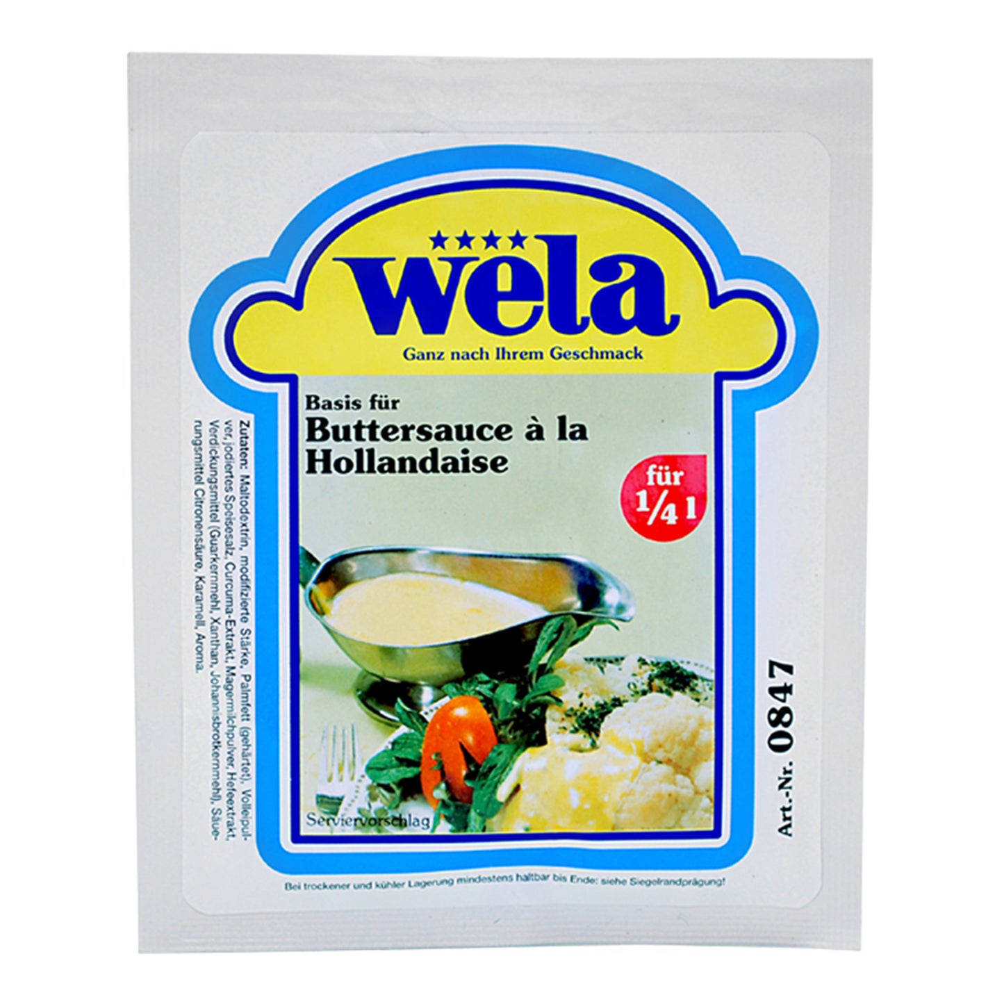 Wela Basis für Buttersauce Pulver - weißer Beutel mit Vorderseitenetikett, Motiv eines Spargelgerichts. 

