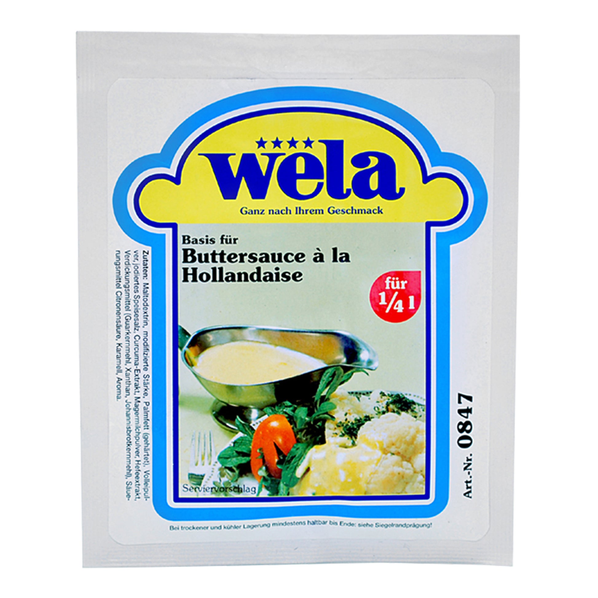 Wela Basis für Buttersauce Pulver - weißer Beutel mit Vorderseitenetikett, Motiv eines Spargelgerichts. 
