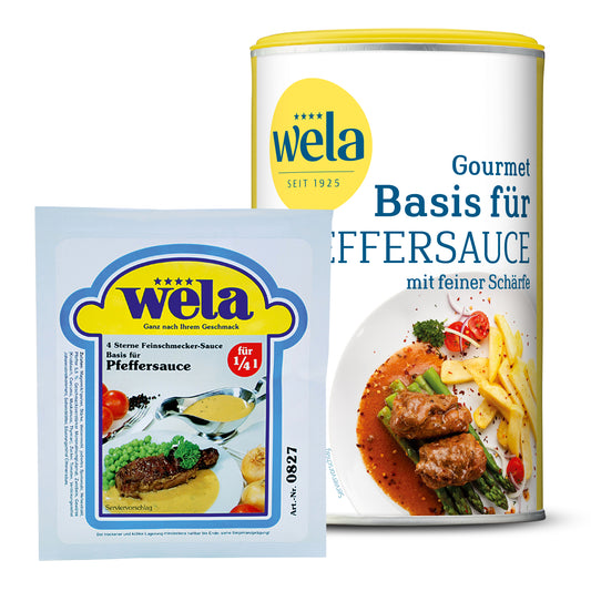 Wela Basis für Pfeffersauce Gourmet - ein Dose und ein Beutel mit gelb - weißen Etiketten und Gerichten als Motiv.