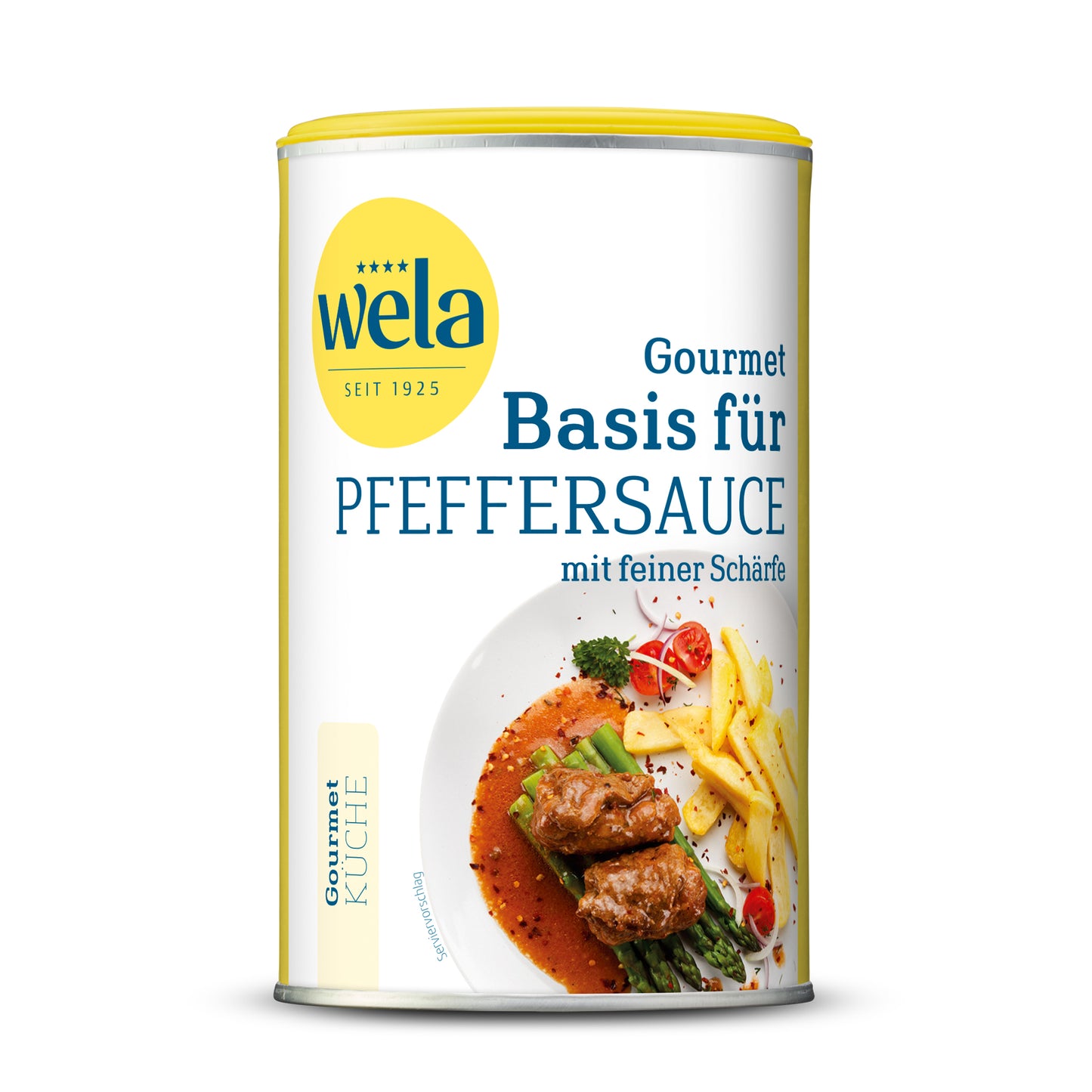 Wela Basis für Pfeffersauce Gourmet - Dose mit gelb-weißem Vorderseitenetikett, Motiv eines Fleischgerichts.